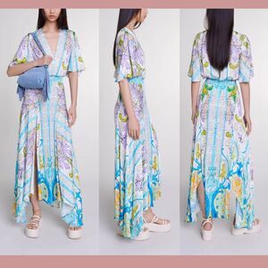 NWD $595 Maje [ 34 ] Satin-look‎ Patterned Maxi Dress Mosaic Blue w/snags #6319